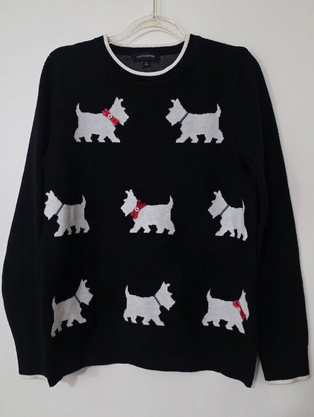 Anthropologie Calligraphie Scottish Terrier Dog Knit Sweater Whimsical Small